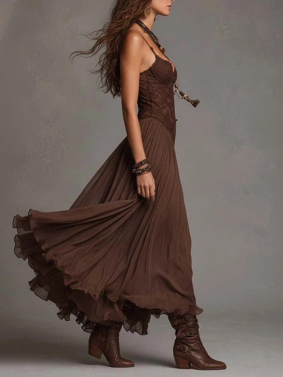 Aitana | Vestido Largo de Gasa y Encaje