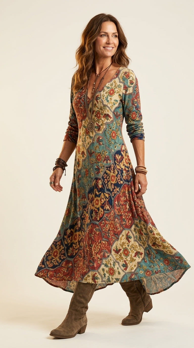 LYDIA | Robe Fluide à Motifs Patchwork