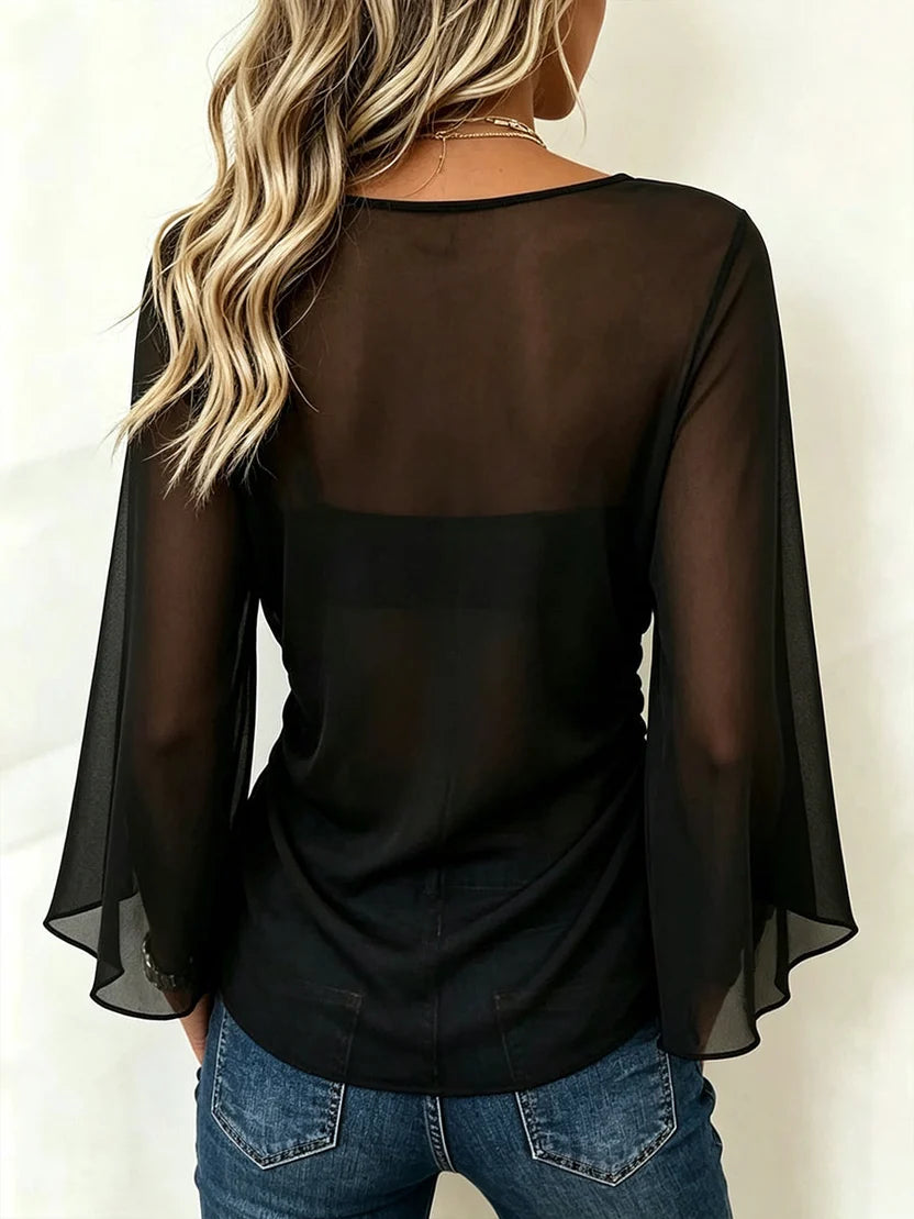AMÉLIE | Top Col V à Manches Transparentes et Anneau Chic
