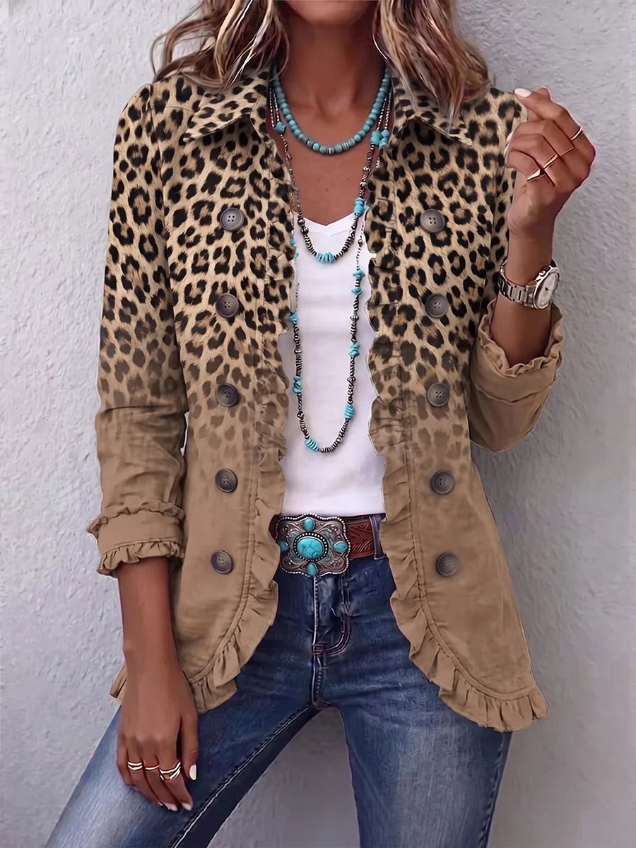CORINNA | Veste Léopard Vintage Dégradé Camel à Ruchés