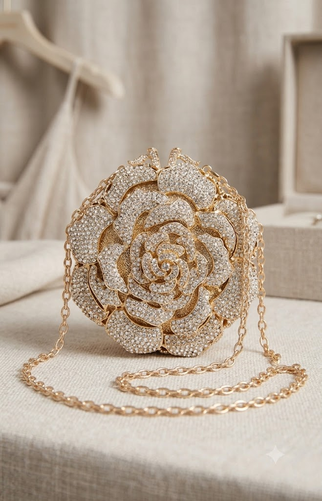 Bolso de mano y roseta de cristal 3D