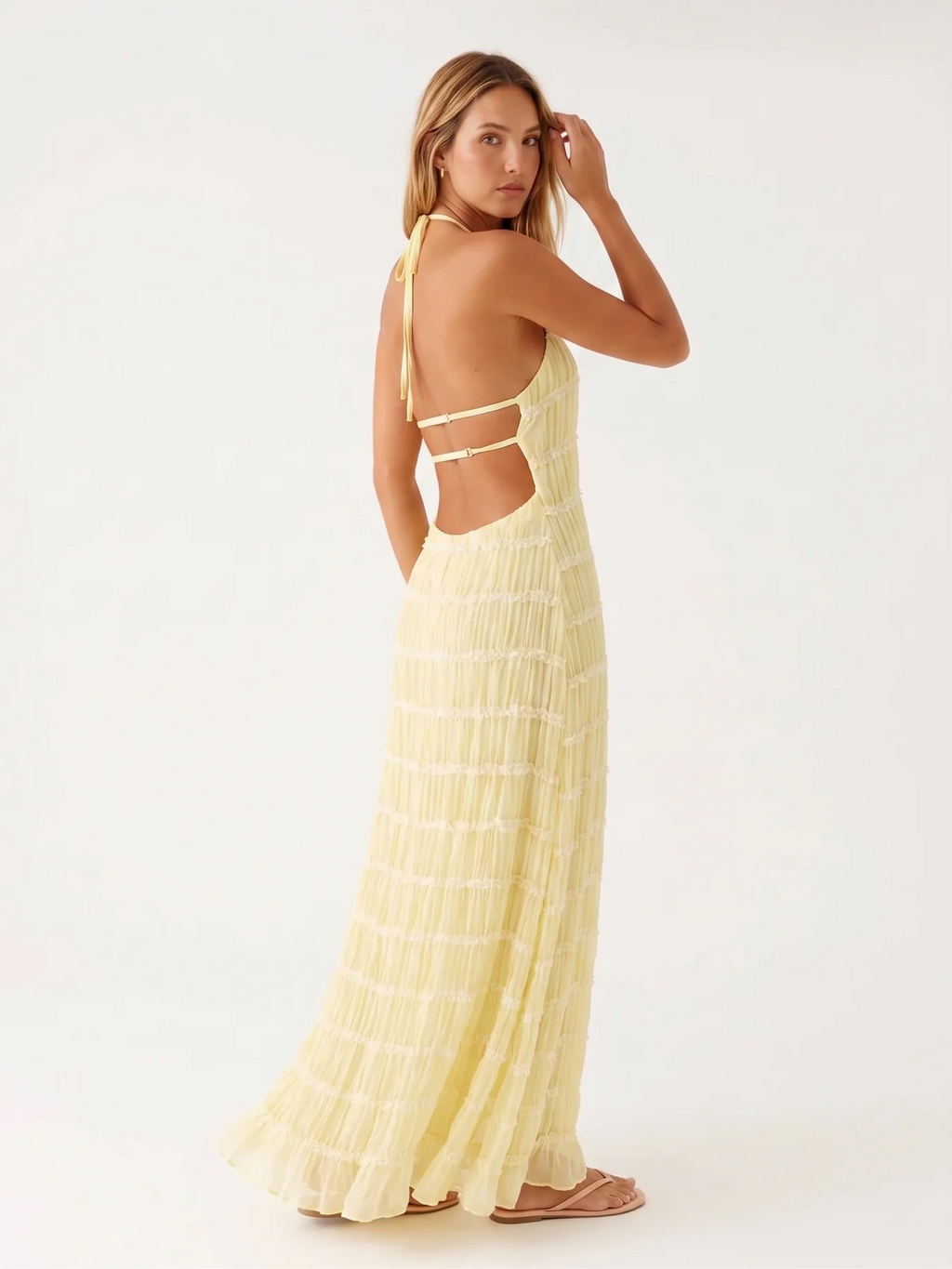 Violeta vestido largo amarillo – vista trasera