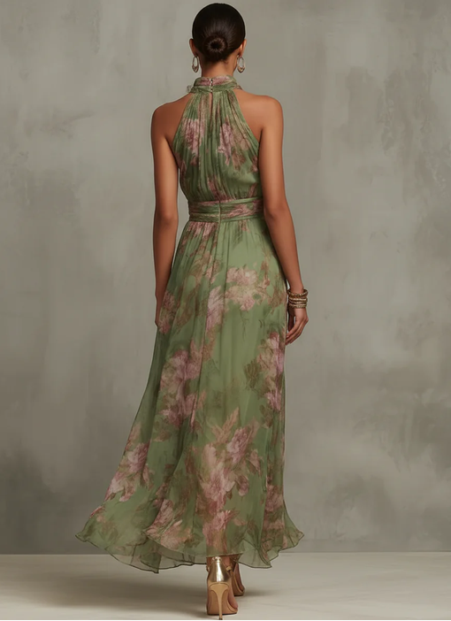 Serena vestido largo halter floral verde - vista trasera