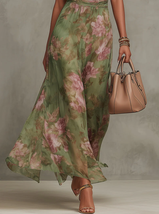 Serena vestido largo halter floral verde - detalle falda