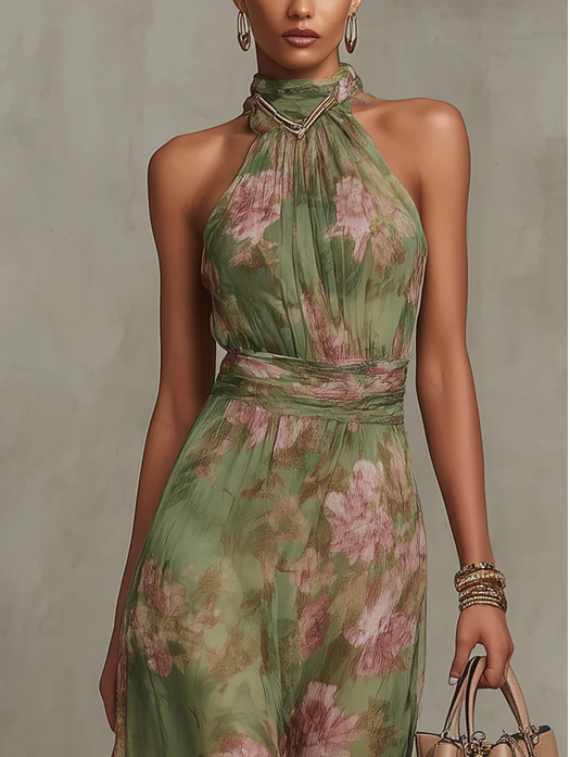 Serena vestido largo halter floral verde - detalle escote