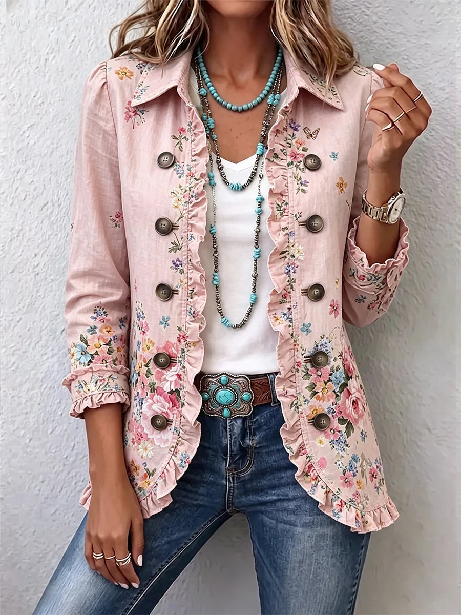 MARTINA | Veste Fleurie Rose à Ruchés et Boutons