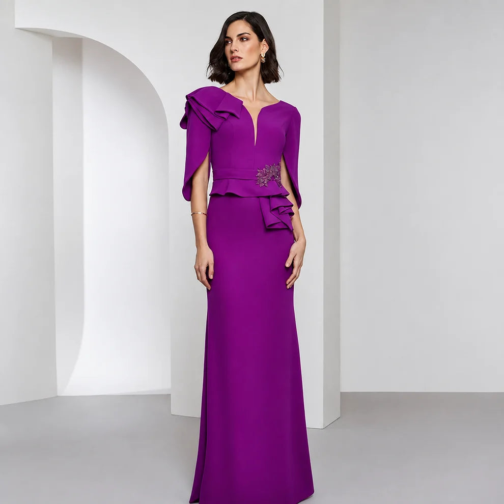 PILAR | ROBE DE GALA VIOLETTE À VOLANTS ET MANCHES CAPE