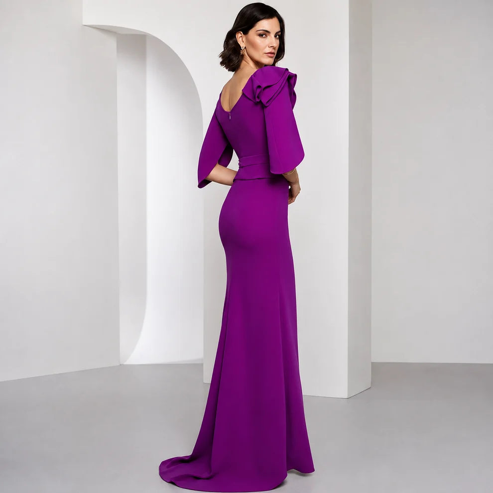 PILAR | ROBE DE GALA VIOLETTE À VOLANTS ET MANCHES CAPE