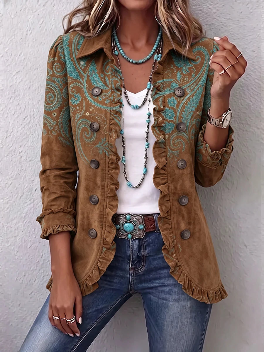 SEVERINA | Veste Paisley Marron à Volants