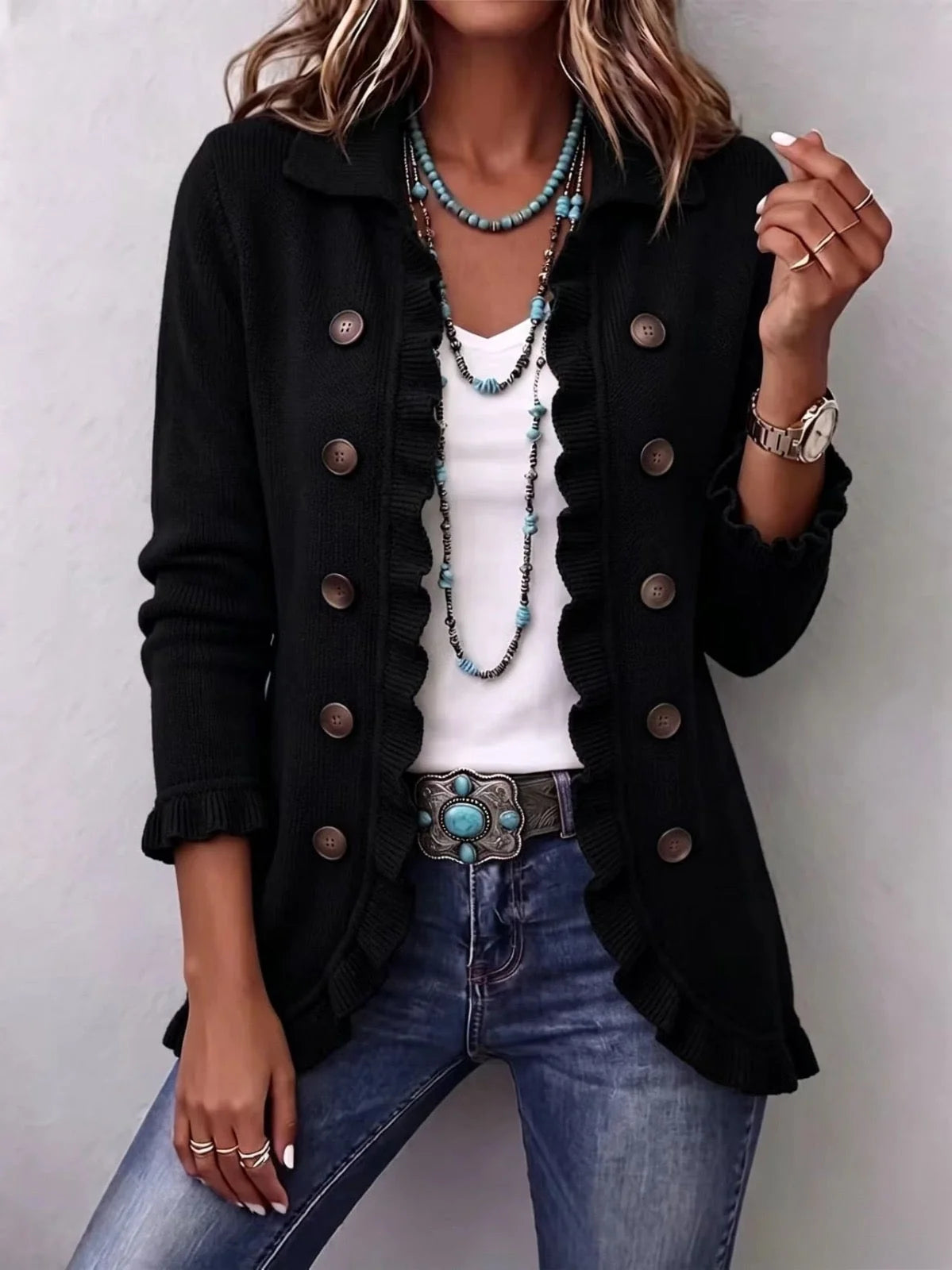 ZAIRA | Veste Côtelée Noir Intense à Ruchés